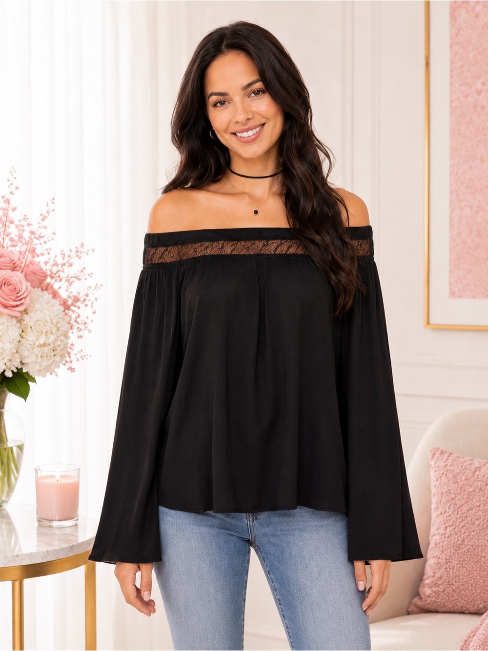 Rock & Republic Black Off Shoulder Bell Sleeve Boho Top NWT XS